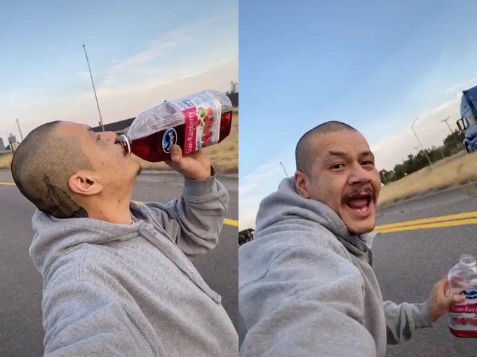 A split image of a man in a gray hoodie on a road chugging from a large Ocean Spray Cranberry juice bottle, with the right side showing him holding the bottle and making an excited face.