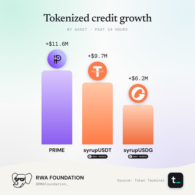 An infographic titled 'Tokenized credit growth by asset, past 24 hours' shows three bars: PRIME (+$11.6M, purple), syrupUSDT (+$9.7M, orange), and syrupUSDG (+$6.2M, orange), credited to RWA Foundation with a Token Terminal source.