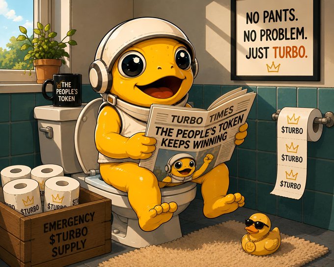 A cartoon illustration of a yellow character wearing a spacesuit sitting on a toilet reading 'TURBO TIMES' newspaper with the headline 'THE PEOPLE'S TOKEN KEEPS WINNING', with 'TURBO' branded merchandise around the bathroom.