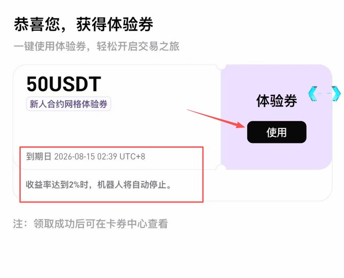 A Chinese promotional screen announcing a 50 USDT experience voucher for new contract grid trading, expiring 2026-08-15, with a button to use it and a note that the bot will auto-stop at 2% return.
