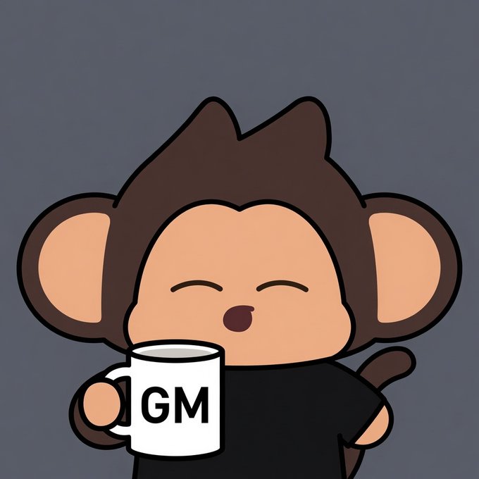 A cute cartoon monkey character with closed, happy eyes holding a white mug that says 'GM' (good morning) against a dark blue background.