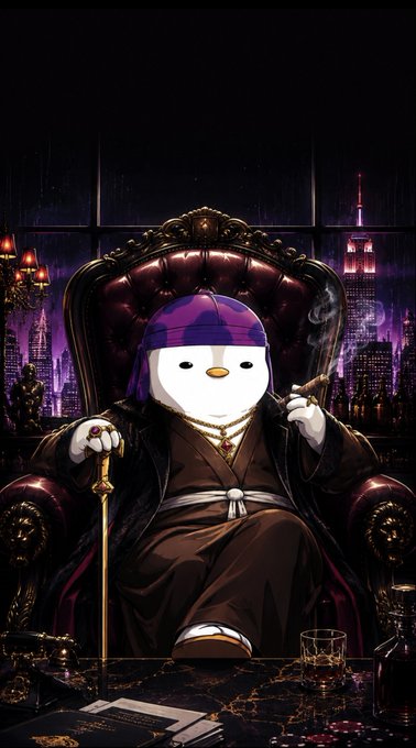 A digital illustration of an anthropomorphic penguin in a purple durag sitting on a throne, dressed in a dark robe with gold chains, smoking a cigar with a nighttime cityscape visible through the window behind.