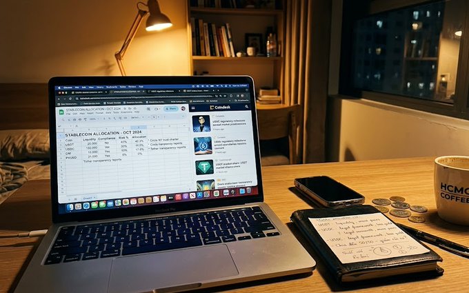 A cozy workspace scene at night with a laptop displaying a spreadsheet about 'STABLECOIN ALLOCATION - OCT 2024', accompanied by a smartphone, notebook with handwritten notes, coins, and an 'HCMC COFFEE' mug.