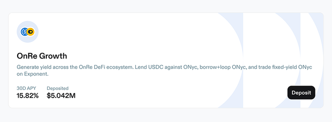 The image features a screenshot of an email conversation between two people, with the subject line reading "OnRe Growth" followed by the body of text detailing an app called OnRe Growth that has already crossed $5 million in deposits. The email also mentions that users can earn up to 15.82% APY on their deposits and currently have a position in Loopscale Asset Curation yielding ONyc optimizes as rates shift, providing an opportunity for smart investment decisions within the app's ONyc earning system.