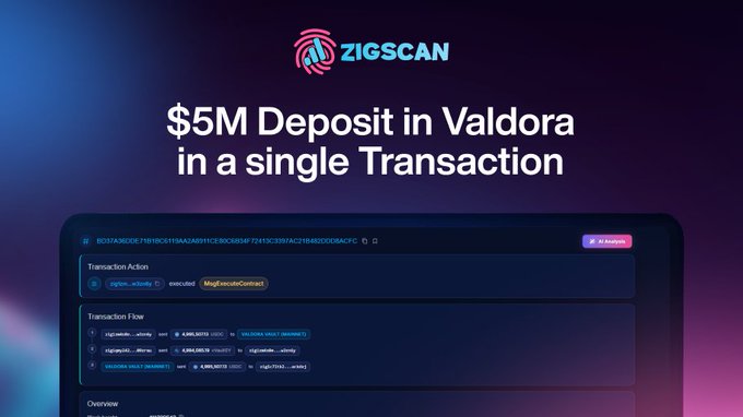 ZigScan promotional graphic titled '$5M Deposit in Valdora in a single Transaction' showing the transaction details screenshot with VALDORA VAULT (MAINNET) and MsgExecuteContract.
