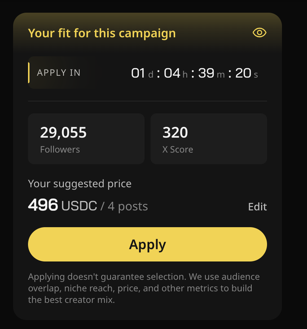 The image shows a screenshot of a campaign management application with a black background and yellow text pop-ups. One of the pop-up boxes contains the prompt for applying to the campaign, which suggests that the user has been directed to apply for this particular campaign. Additionally, there are two other sections on the screen, one containing a table or chart displaying campaign data, likely providing information about the campaign's reach and engagement levels. The remaining text within the image provides context related to AI automation, talking about how the application can help create content based on user preferences, which could be relevant for marketing or advertising purposes in relation to this specific campaign.