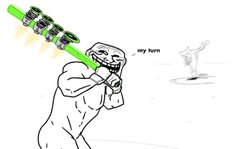 The Trollface character holds a large green weapon, aiming at a distant figure labeled "my turn."