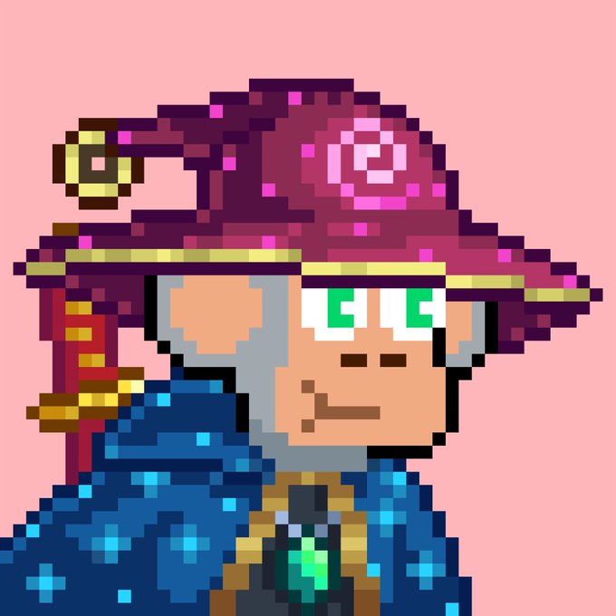 A pixel art character wearing a purple wizard hat with a spiral design, blue robes adorned with star patterns, and a green gem at the collar, set against a pink background.