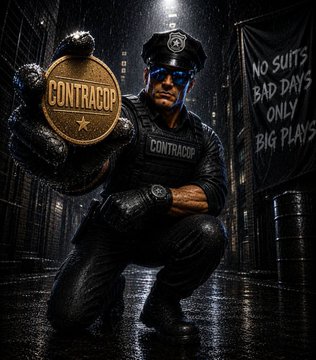 A promotional image for 'CONTRACOP' showing a tactical officer holding a badge, with the tagline 'NO SUITS BAD DAYS ONLY BIG PLAYS' on a banner in the background.