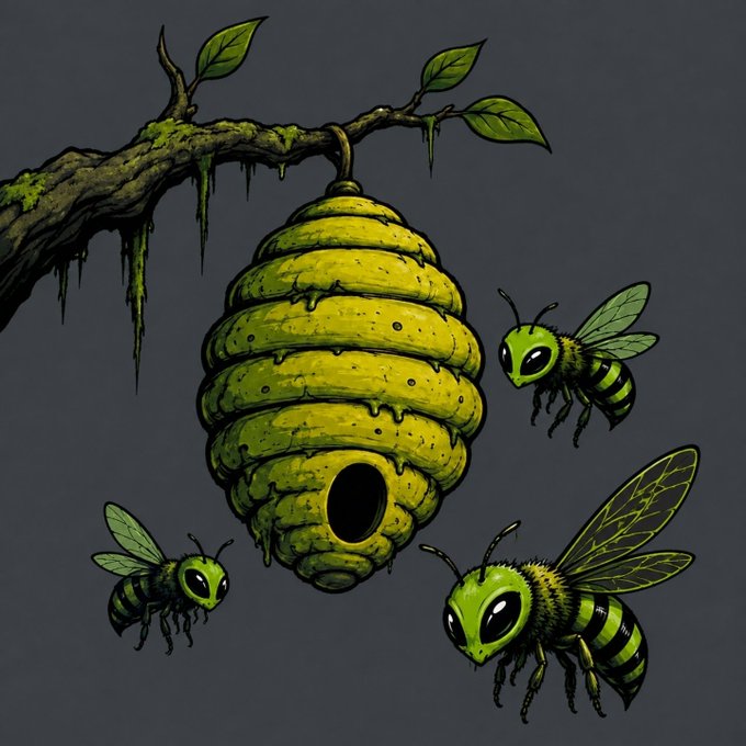 A dark illustration of a yellow beehive hanging from a mossy tree branch, with three green alien-like bees with large black eyes hovering around it.