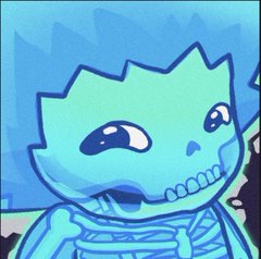 An illustration of a light blue cartoonish creature with a spiky head, large dark eyes, and visible rib-like markings on its body.