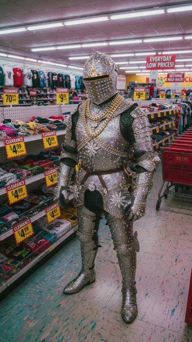 A person in elaborate, bedazzled medieval knight armor stands in the aisle of a discount store, surrounded by clearance signs with prices like "$4.99" and "$70." The image humorously contrasts the priceless, regal appearance of the armored "knight" with the mundane, marked-down retail setting—mirroring the post's theme of crypto markets where $Knight tokens rise while $Sol falls.