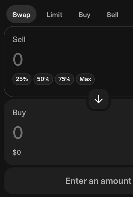 A dark-themed cryptocurrency trading interface with tabs for 'Swap', 'Limit', 'Buy', and 'Sell', featuring 'Sell' and 'Buy' input fields both at '0' and a prompt to 'Enter an amount'.