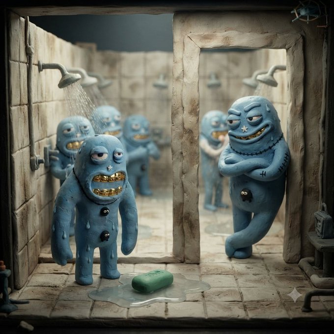 A whimsical illustration of blue creatures with gold teeth in a stone shower room, with one creature standing under a running shower and another watching with crossed arms.