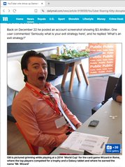 A shocked-looking man sits in an office, captioned with an article headline about a backflip accident during a $5 million parachute stunt at the Formula One Las Vegas Grand Prix.