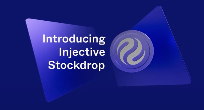 A promotional graphic with a dark blue background displaying the text 'Introducing Injective Stockdrop' next to the Injective logo.
