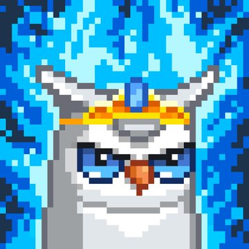A pixel art portrait of a white cat-like character wearing a golden crown with a blue jewel, set against a blue patterned background.