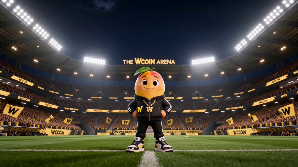 The image features a mascot for the World Cup, dressed as an orange character with a black jacket and white shoes, standing on a soccer field at night. The mascot appears to be wearing a hat and has a large smile on its face. In the background of the image, there are several people gathered around the field, possibly watching or waiting for the game to begin.

The post in the image encourages viewers to make their own predictions about the World Cup outcome by dropping them into a comment section below the photo. The caption reads: "Why just watch when you can get paid? Drop your World Cup predictions on Wcoin". This suggests that there might be an opportunity for people to win money or other rewards if they provide accurate predictions, and it encourages viewers to participate in this activity by sharing their thoughts about the game.