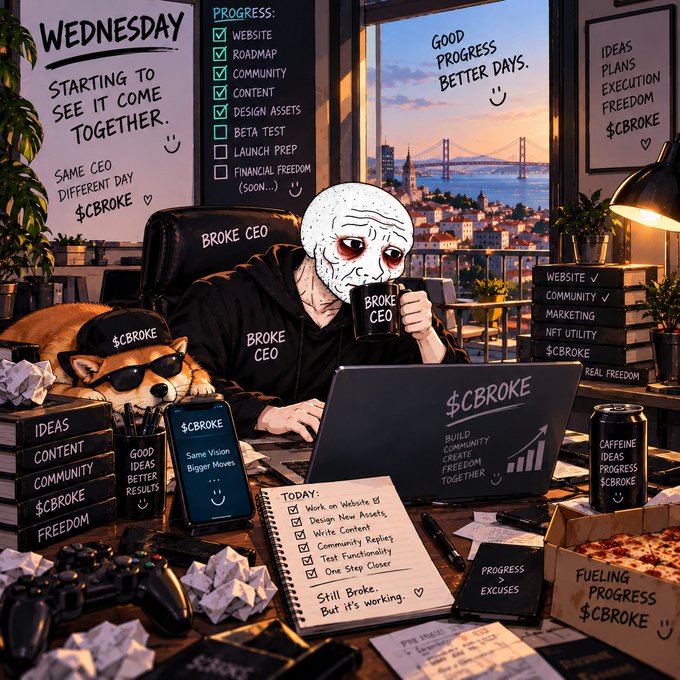 An AI-generated illustration depicts a person wearing a "BROKE CEO" mask and hoodie, working at a laptop with motivational text like "WEDNESDAY STARTING TO SEE IT COME TOGETHER" and "GOOD PROGRESS BETTER DAYS" visible on the whiteboard and window.
