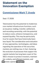 A document titled 'Statement on the Innovation Exemption' by Commissioner Mark T. Uyeda, dated Sept. 17, 2026, discusses tokenization and securities laws.