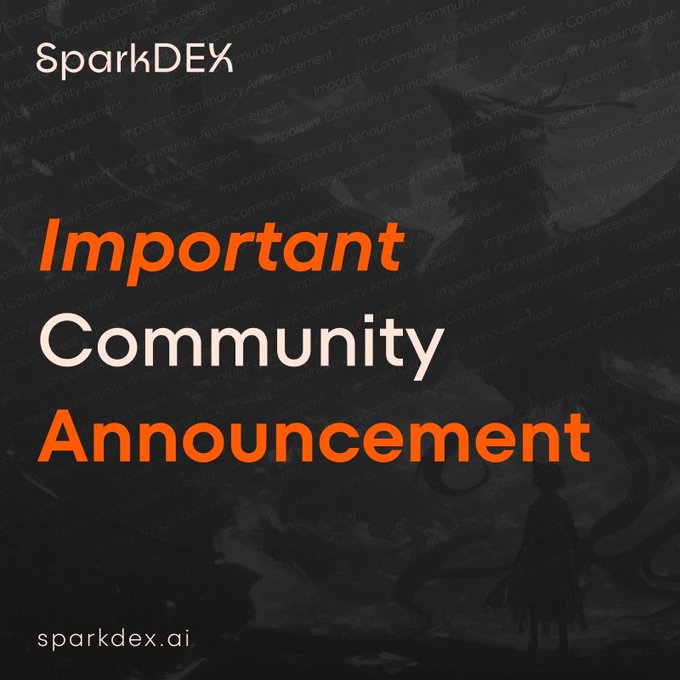 A graphic announcement with the text 'SparkDEX' and 'Important Community Announcement' in orange and white, with 'sparkdex.ai' at the bottom, over a dark background with faint text patterns.