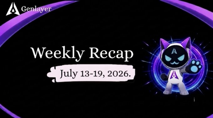 Weekly Recap graphic for GenLayer dated July 13-19, 2026, featuring a purple and black cat-like robot mascot with the GenLayer logo.
