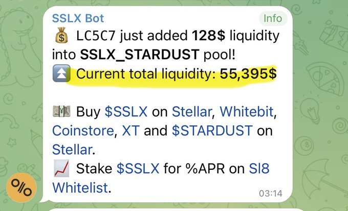 A Telegram message screenshot from 'SSLX Bot' showing liquidity additions, with text reading 'LC5C7 just added 128$ liquidity into SSLX_STARDUST pool!' and 'Current total liquidity: 55,395$' highlighted in yellow, plus mentions of buying $SSLX and $STARDUST.
