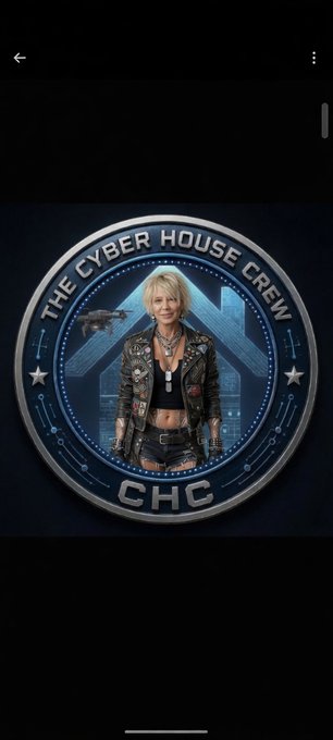 A circular coin-style design features a blonde woman in a black leather jacket and crop top standing in the center, with a futuristic cityscape and flying vehicle behind her. The border reads "THE CYBER HOUSE CREW" at the top and "CHC" at the bottom, matching the hashtags #TheCyberHouseCrew and #CHCCollectibles mentioned in the post about a custom collectible coin prompt.