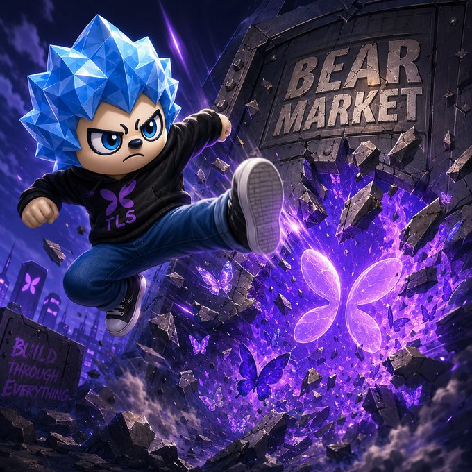 The image features a cartoon character wearing a black shirt with blue letters, which says "TLS" on it. The character appears to be jumping into the air while holding a butterfly in its hand. In the background of the image, there is a sign that reads "Bear Market". This suggests that the scene takes place at a market or an event related to the Bear Market.