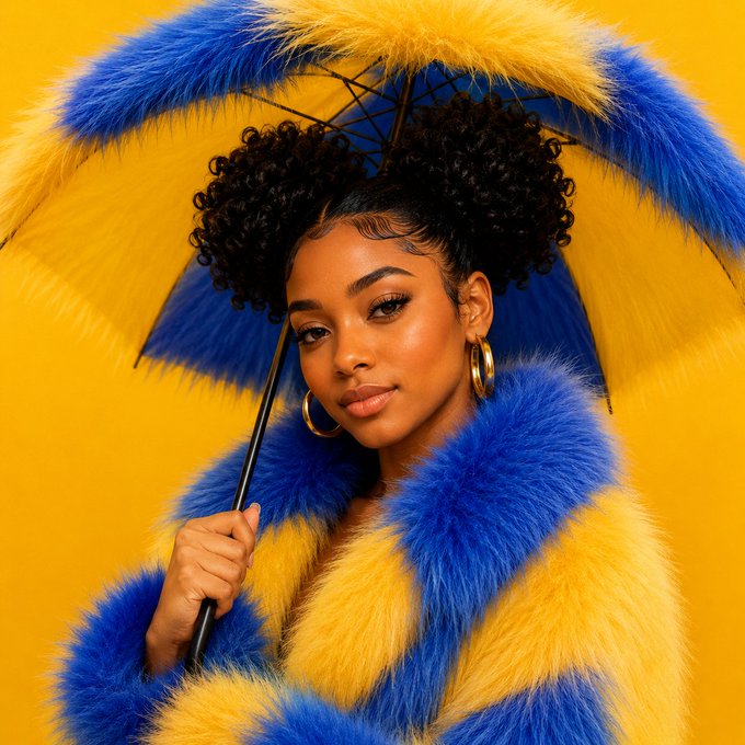 A young woman with curly hair styled in two buns poses holding a blue and yellow faux fur umbrella, wearing a matching striped faux fur coat against a solid yellow background.