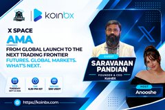Promotional graphic for KOINOX X SPACE featuring AMA founders Saravanan Pandian and Anoosha, with a trading frontier theme.