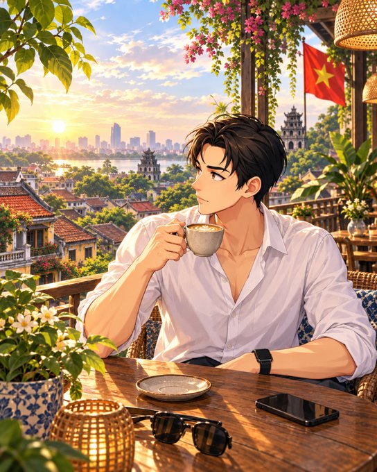 An anime-style illustration features a handsome young man in an unbuttoned white shirt drinking from a cup at a cafe, with a scenic sunset view of a city and a Vietnamese flag in the background.
