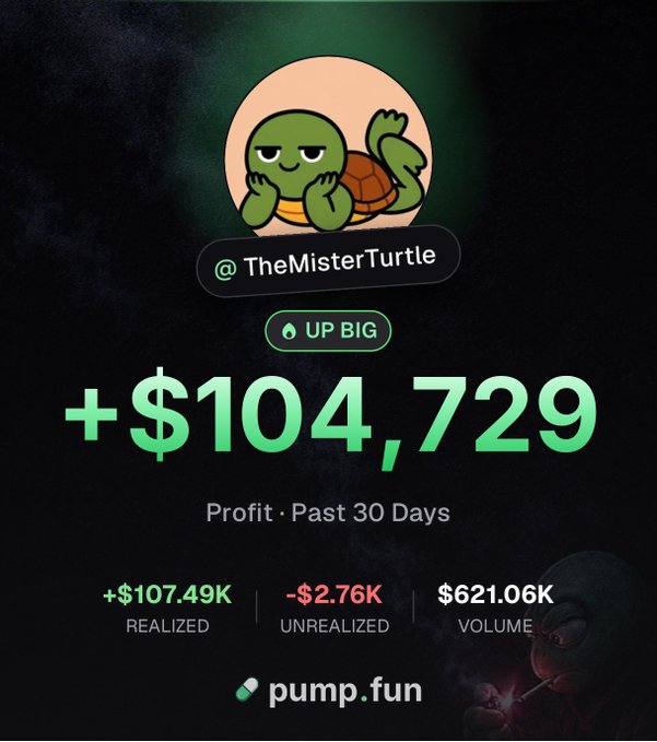 The image displays a profit dashboard from pump.fun for the user "@TheMisterTurtle," showing a "+$104,729" profit over the past 30 days, broken down into $107.49K realized gains, -$2.76K unrealized losses, and $621.06K trading volume. The post "PumpFun is actually a lot of fun" aligns with the dashboard, suggesting the user is showcasing their impressive gains as evidence of the platform's profitability.