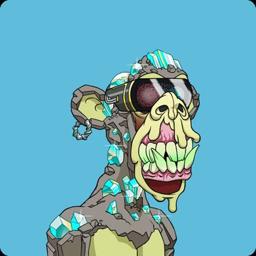 A cartoon illustration of a grotesque, zombie-like creature with bulging eyes, a wide toothy grin, and crystal-like protrusions on its gray body against a blue background.