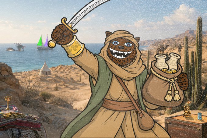 The image features a cartoon character dressed in traditional Middle Eastern clothing holding a sword and a bag of gold coins. The character appears to be smiling while standing near a table with various items such as a cup, a vase, and a bowl on it. The background shows an ocean view with boats sailing in the distance.