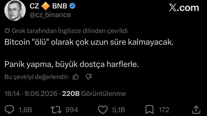 The image features a black background with white text posted as a tweet from a person named CZ binance. The message reads: "PANIK YAPMA, Büyük dostça harflerle. dedi!. Focus on what is in the image and how it relates to the post." There are also several mentions of Bitcoin within this text.