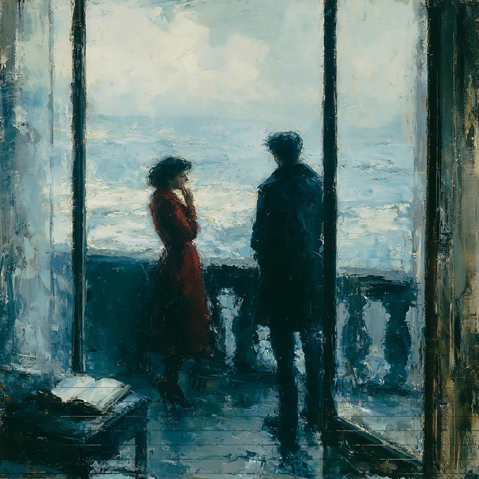 An oil painting depicts two silhouetted figures, one wearing a red coat, standing on a balcony looking out at a cloudy sky or water.