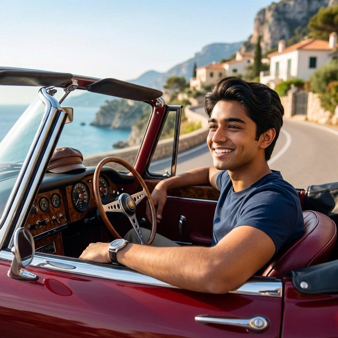 A young man smiles while sitting in a vintage red convertible car parked along a scenic coastal road overlooking the sea.