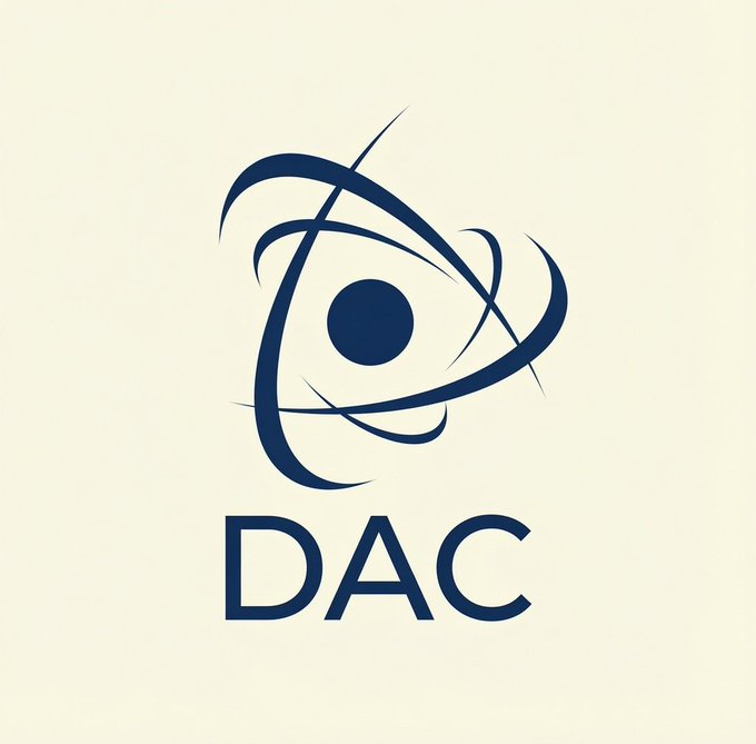The image displays the DAC logo, featuring a stylized dark blue atomic-like design with orbiting curved lines around a central sphere, positioned above the bold letters "DAC" on a cream-colored background. This logo corresponds to the @dac_chain platform and $DAC token mentioned in the post, which announces user rewards and bug fixes for genuine users.