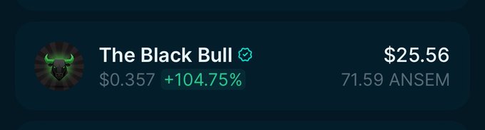 A crypto price tracker widget showing "The Black Bull" token at $25.56, up +104.75%, with 71.59 ANSEM tokens, on a dark interface.