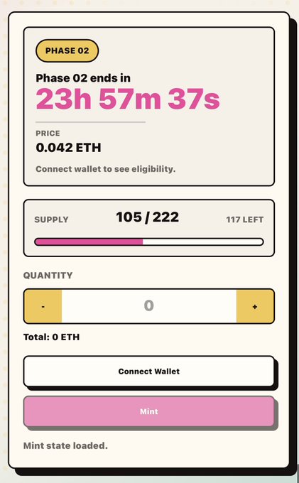 A NFT minting interface for Phase 02 with 23h 57m 37s remaining, priced at 0.042 ETH, showing 105/222 supply with 117 left and a "Mint state loaded" confirmation, aligning with the announcement that Phase 2 of the Monkes mint is live at culture-monke.com.