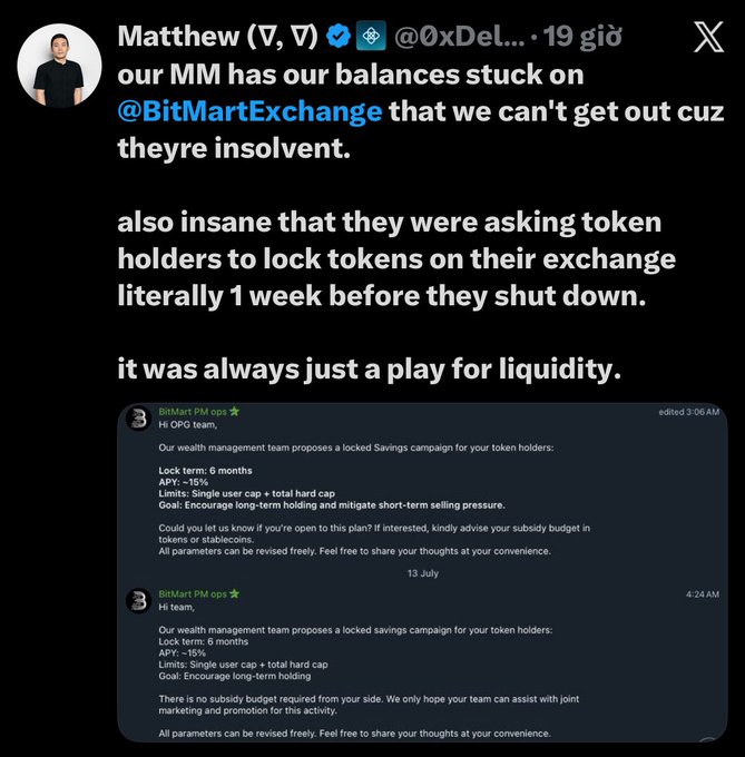 A tweet from Matthew (@0xDel...) stating 'our MM has our balances stuck on @BitMartExchange that we can't get out cuz theyre insolvent,' also mentioning a 'locked Savings campaign' proposed by BitMart.