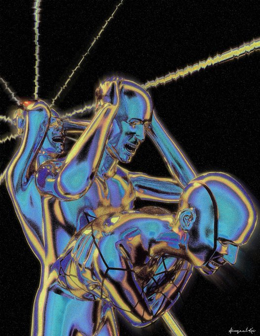 A vibrant digital illustration of metallic blue humanoid figures in distressed poses, with one cradling another, set against a black background with jagged lines.