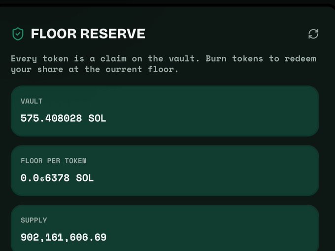 A 'FLOOR RESERVE' dashboard screen displaying a vault balance of 575.408028 SOL, a floor per token of 0.06378 SOL, and a supply of 902,161,606.69 tokens.