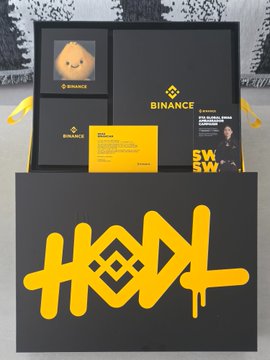 A black Binance promotional box and its contents, featuring a yellow 'HODL' graffiti-style graphic on the front, with items inside including a plush Binance mascot, branded materials, and a yellow 'Binance Will' card.