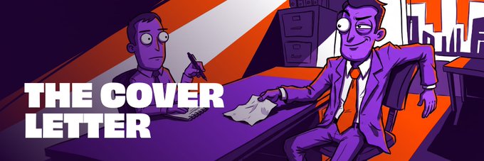 A cartoon illustration with the text 'THE COVER LETTER' showing two purple-toned characters in an office setting, one writing at a desk and another in a suit gesturing toward a paper.