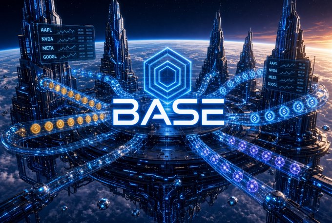 The image shows a futuristic digital cityscape orbiting Earth, featuring the "BASE" logo prominently in the center surrounded by streams of crypto coins and stock tickers for AAPL, NVDA, META, and GOOGL on floating displays. The visuals align with the post's message about Base shifting its focus to trading, payments, and AI agents, while Coinbase tokenizes major stocks like Apple, NVIDIA, and Meta on the Base network.