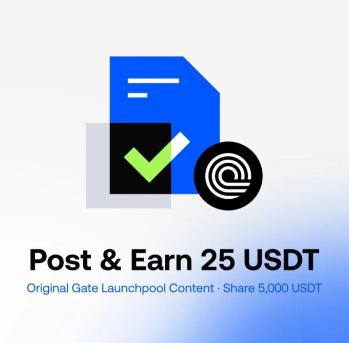 The image is a promotional graphic featuring a blue document with a green checkmark and a black circular logo with a white swirl design, accompanied by the text "Post & Earn 25 USDT" and "Original Gate Launchpool Content · Share 5,000 USDT," promoting a content creator reward campaign tied to the Gate x Ondo dual campaign mentioned in the post.