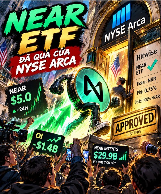 A vibrant promotional graphic announces 'NEAR ETF' listing through NYSE Arca, showing Bitwise as the manager with ticker NRR, a price of $5.0 (+24H), and crowd approval imagery.