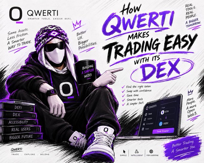 A promotional graphic for 'QWERTI' titled 'HOW QWERTI MAKES TRADING EASY WITH ITS DEX', depicting a masked figure in a black hoodie pointing at the text alongside a laptop showing the QWERTI swap interface.